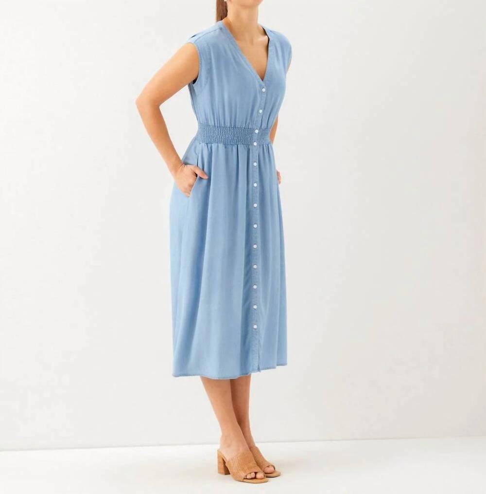 NEW KAREN KANE smocked waist button up dress in chambray blue - Picture 3 of 3